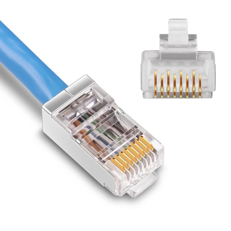 iGreely Shielded Cat6 RJ45 Connectors 50 Pack Gold Plated RJ45 Cat6/Cat5E/Cat5 8P8C 50 Micron 50u 3 Prong FTP STP Ethernet Cable Crimp Modular Plug - Image 1